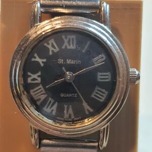 Vtg St. Marin Silver/Black Stainless Steel Mesh Women's Watch